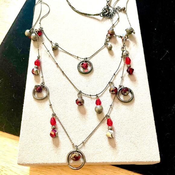Gunmetal Silver Red Floating Beads Layered Necklace - Picture 1 of 3